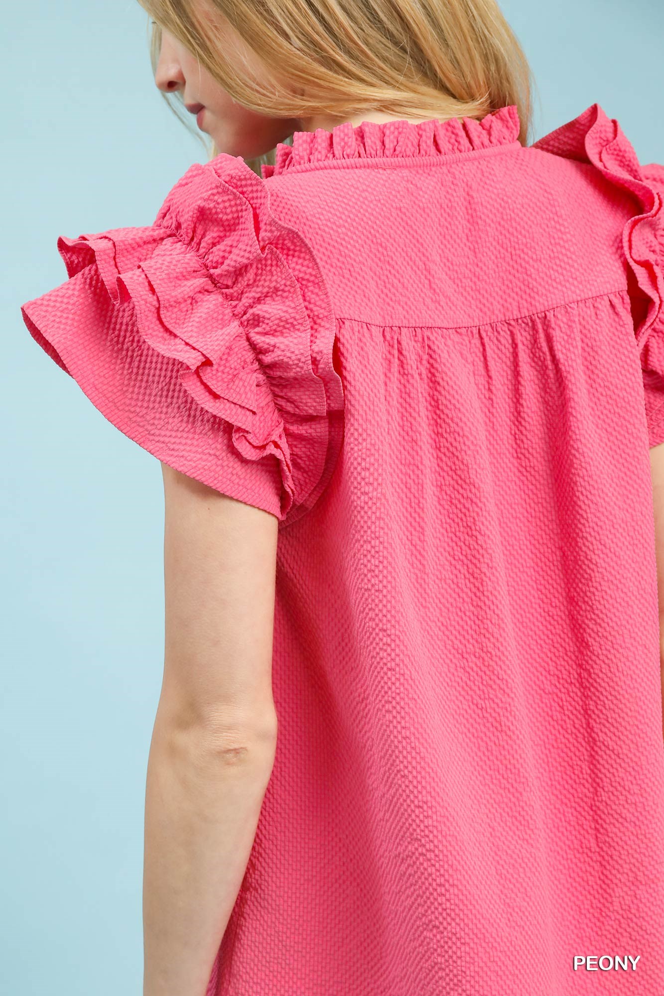 Textured Ruffle Sleeve Notched Top, image 3