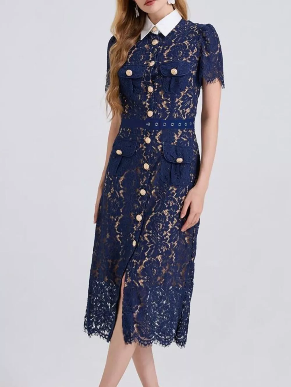 Lace Button-Down Midi Dress, image 2