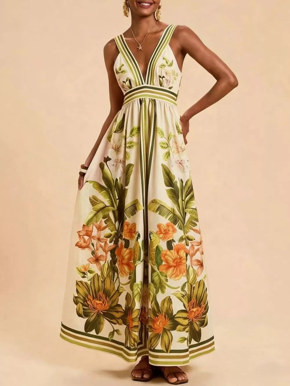 Tropical Print V-Neck Maxi Dress