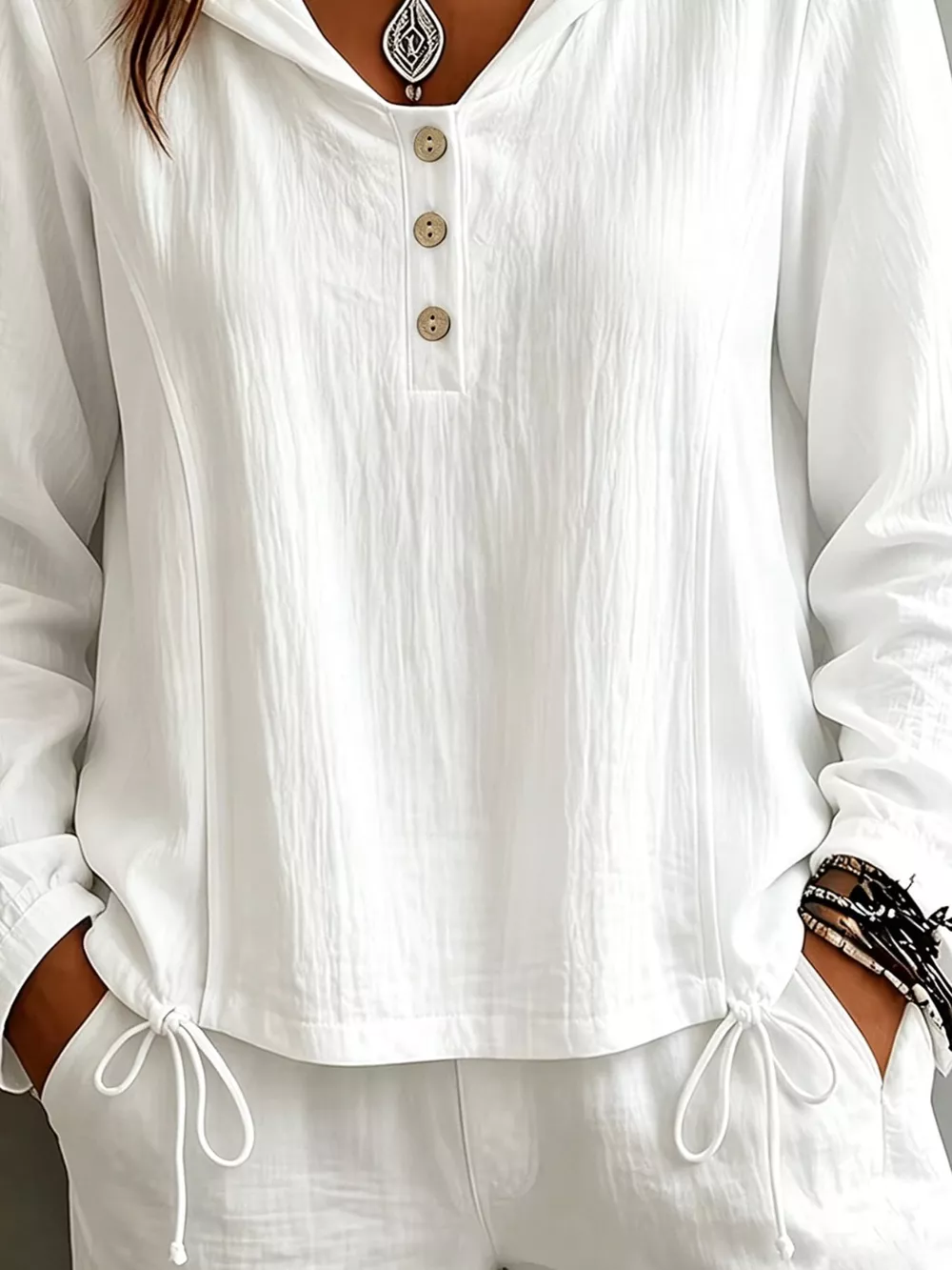 Button Detail Long Sleeve Hooded Blouse, image 3