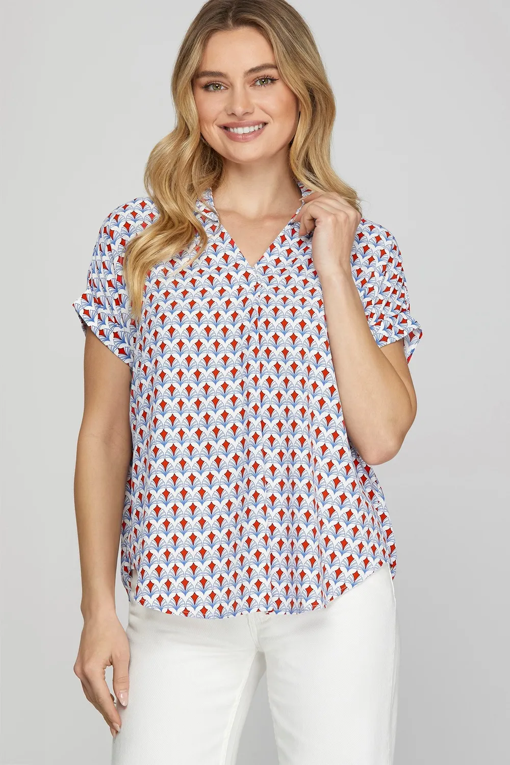 Full Size Printed Johnny Collar Short Sleeve Blouse Plus Size