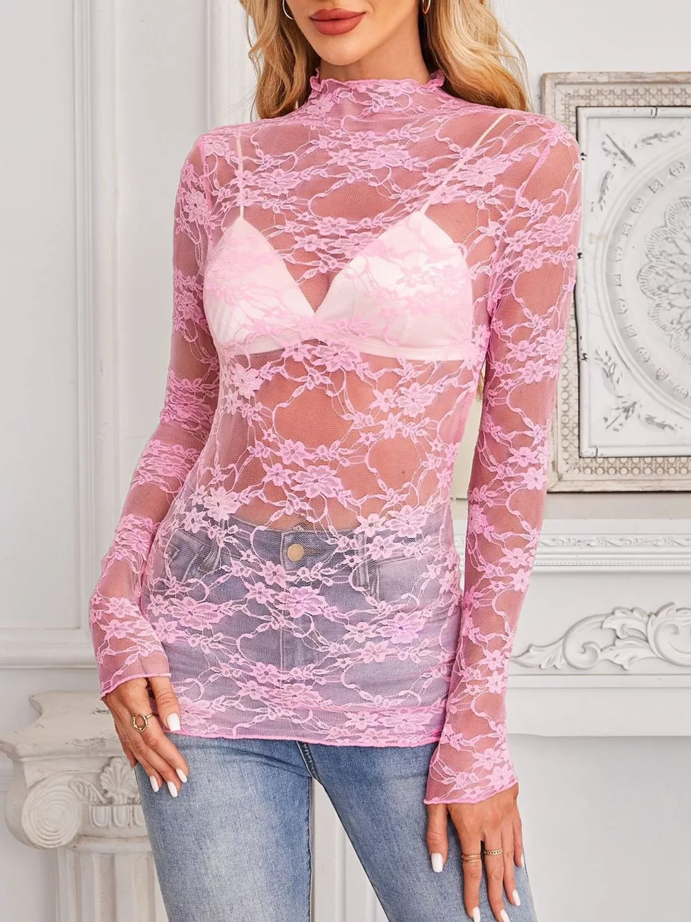 Sheer Floral Lace Long Sleeve Top, image 21