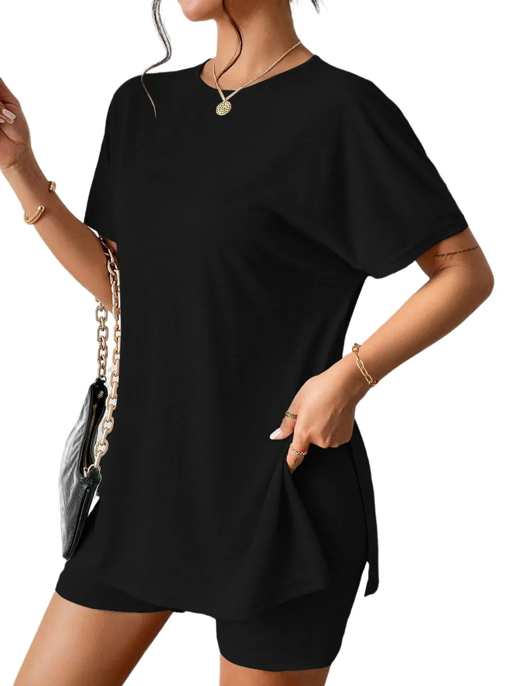 Slit Round Neck Short Sleeve Oversized Top and Shorts Set, image 6