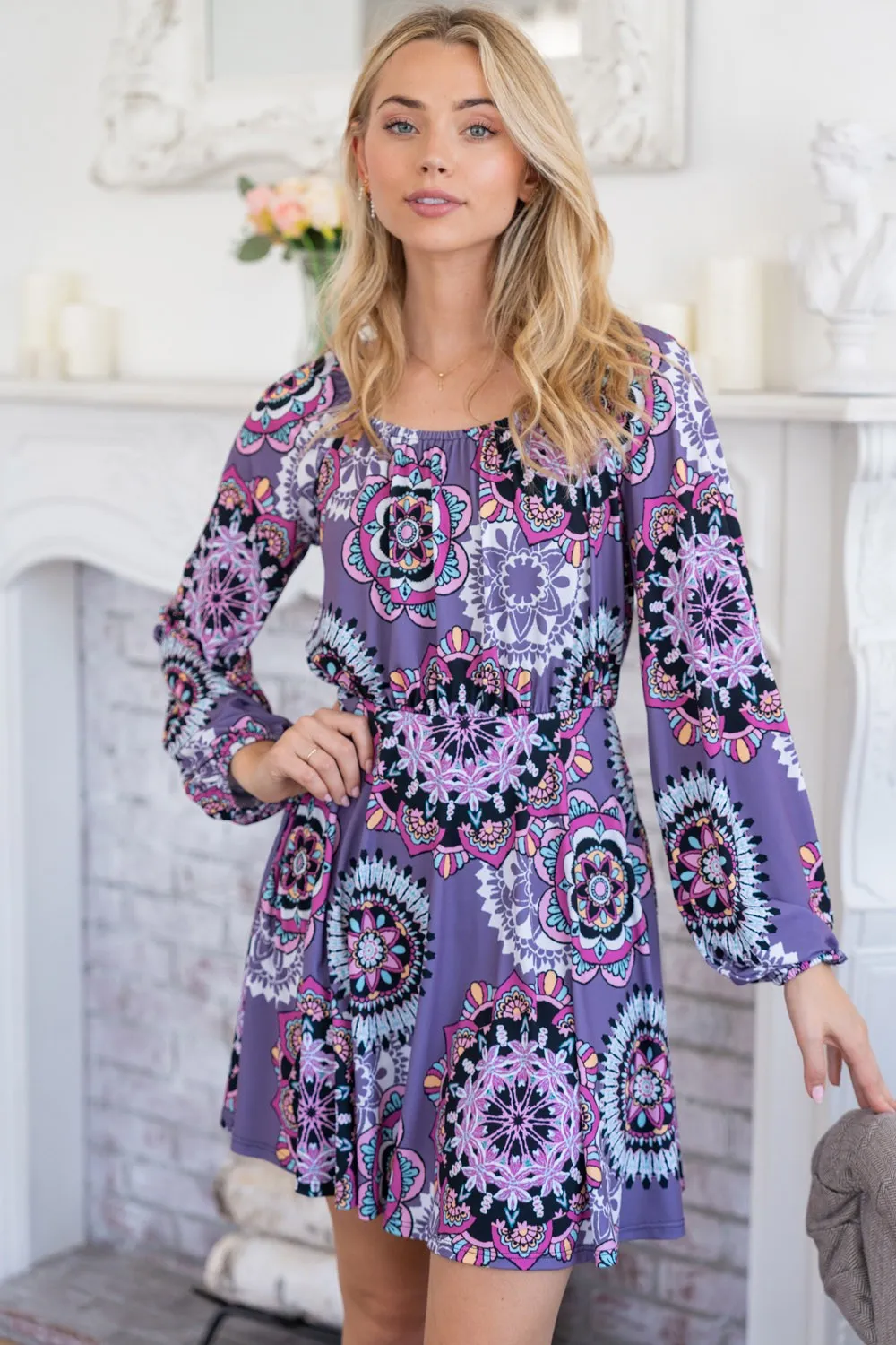 Printed Long Sleeve Mini Dress with Short Liner, image 2