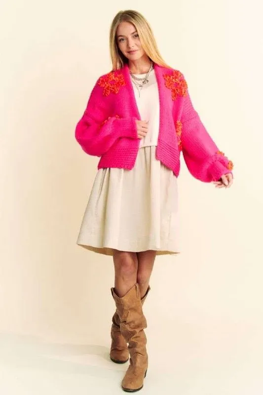 Floral Applique Open Front Drop Shoulder Cardigan, image 5