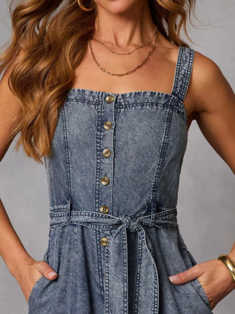 Belted Waist Wide Leg Denim Jumpsuit, image 2