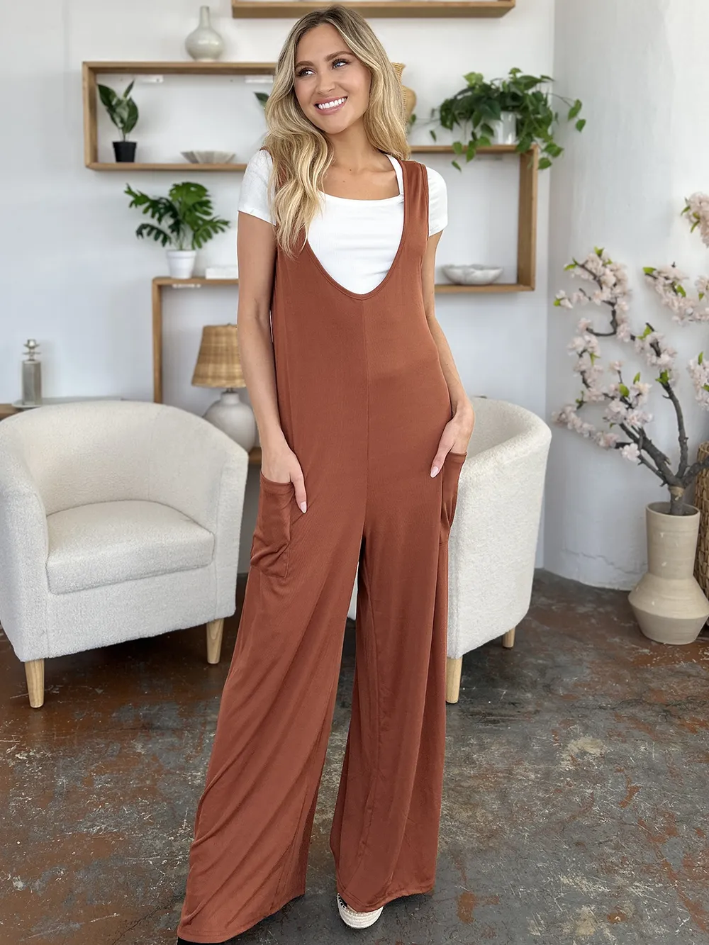 Full Size Sleeveless Wide Leg Jumpsuit with Pockets, image 4