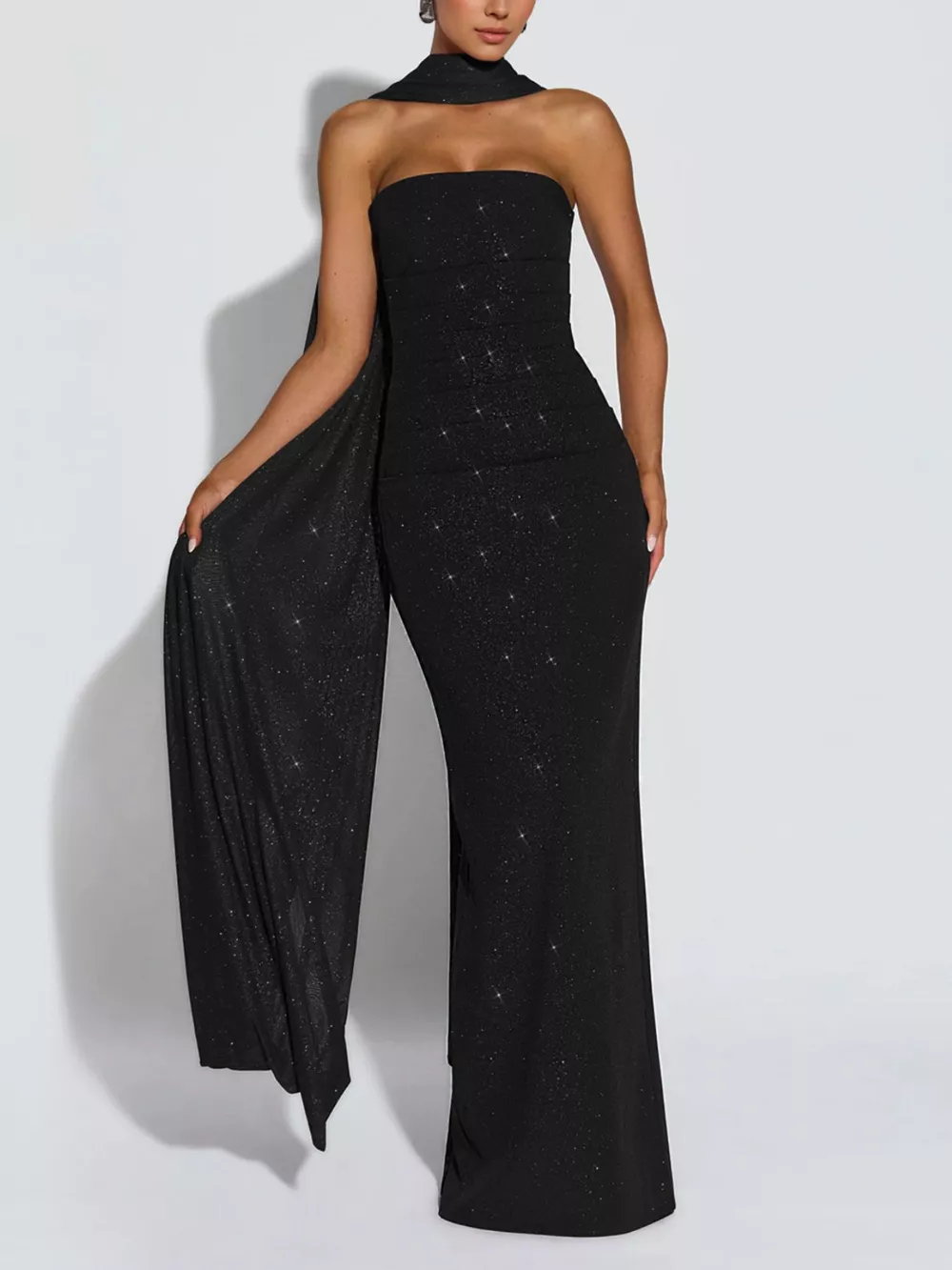 Slit Glitter Tube Maxi Dress with Scarf