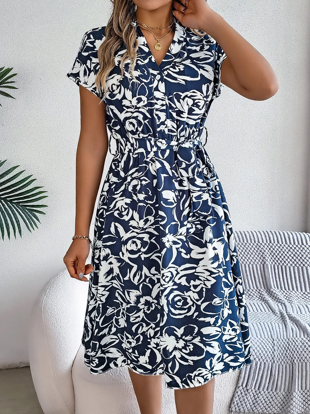Printed V-Neck Short Sleeve Dress, image 14