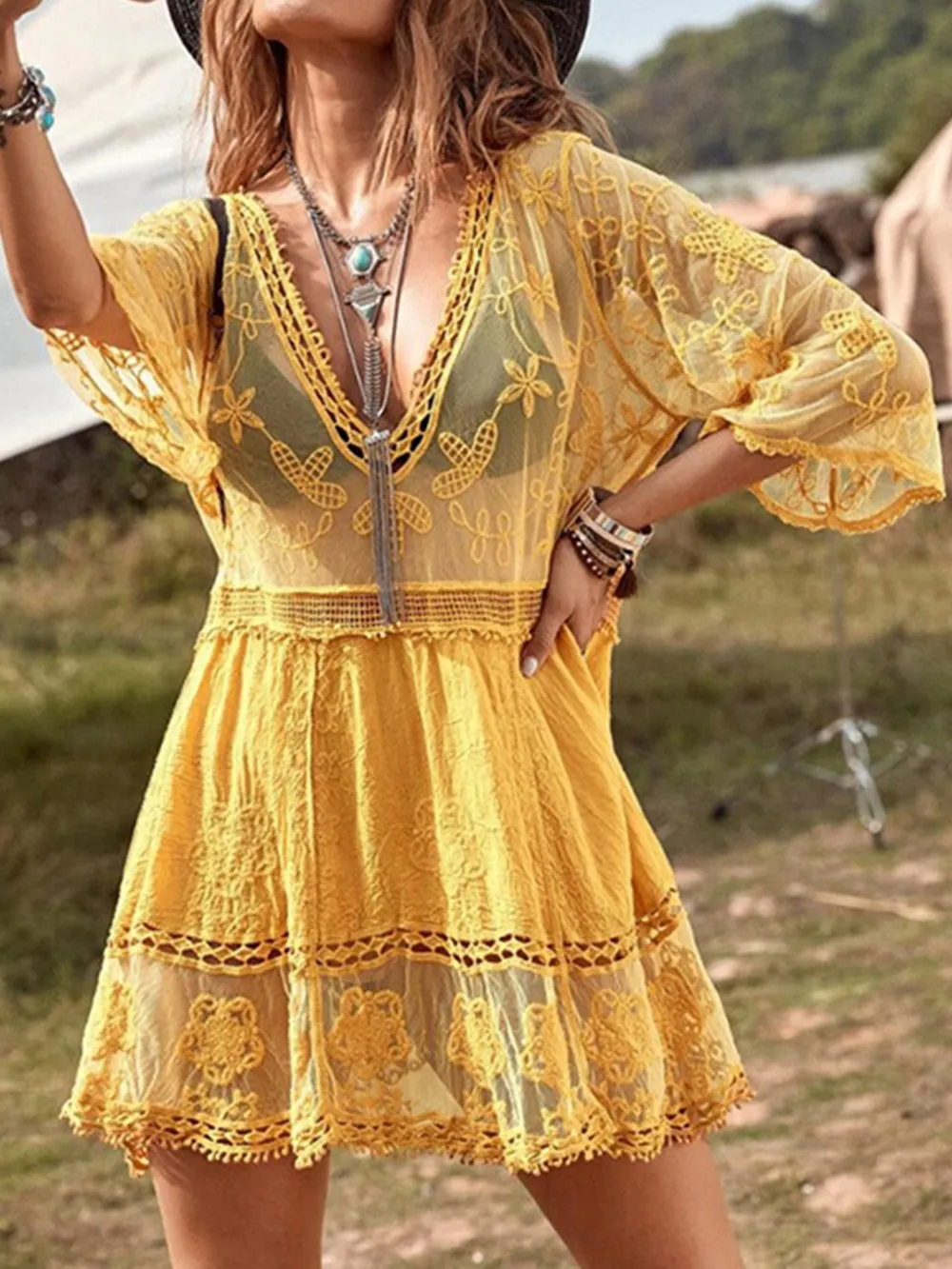 Lace Detail Plunge Cover-Up Dress, image 5