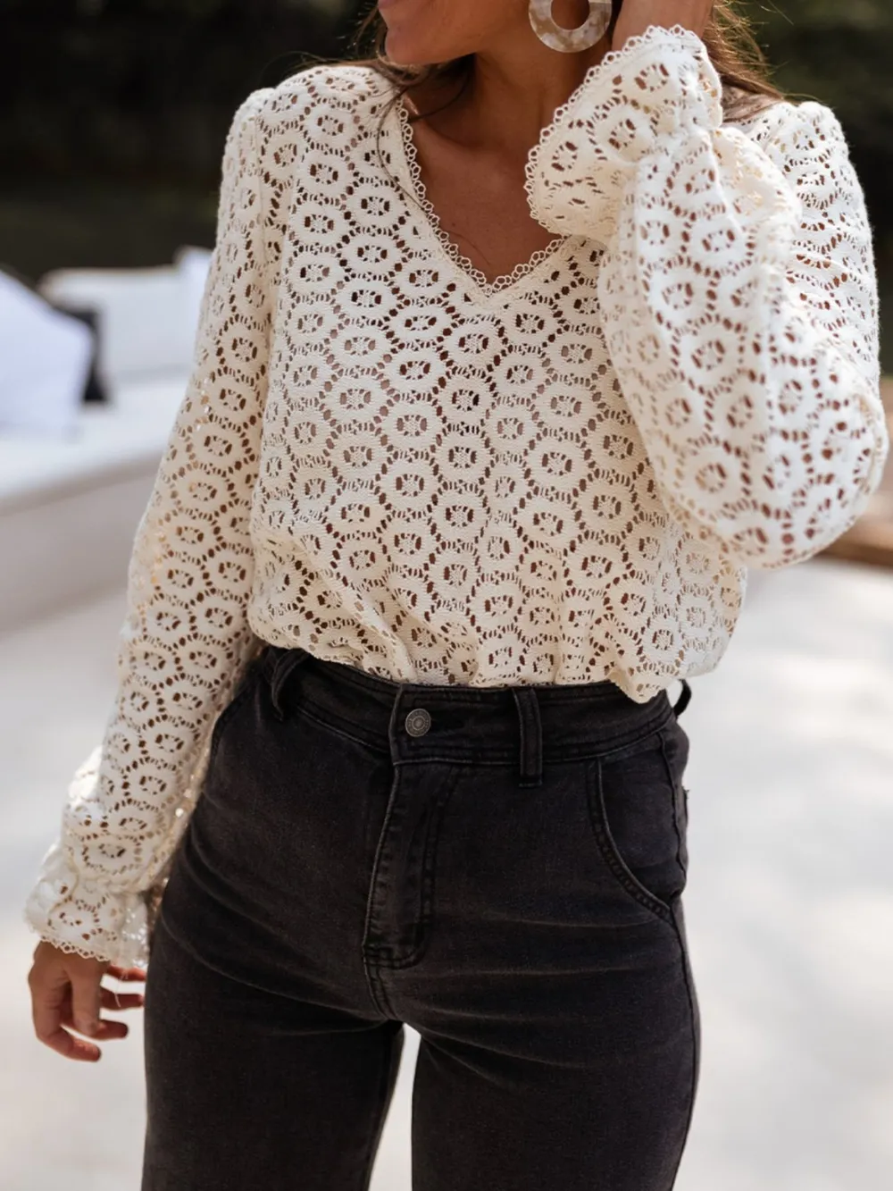 Crochet Lace V-Neck Long Sleeve Blouse, image 4