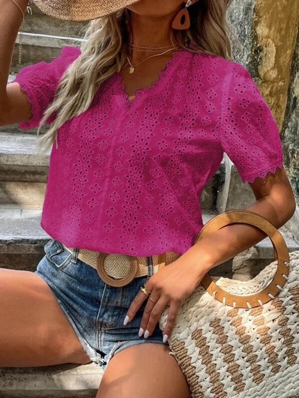 Full Size Eyelet V-Neck Short Sleeve Blouse Plus Size, image 4