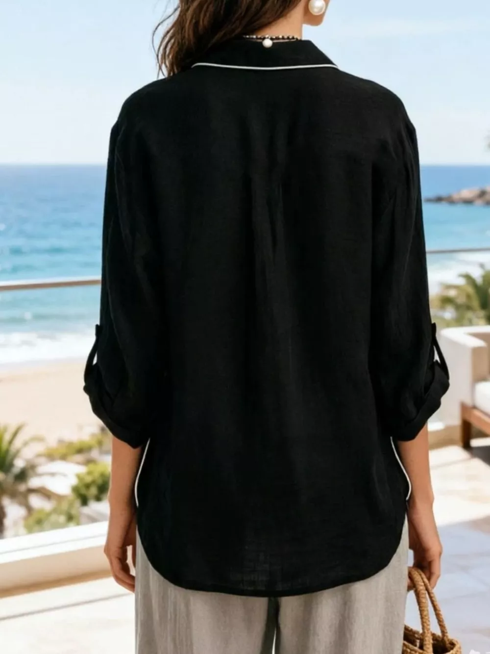 Contrast Trim Button Up Long Sleeve Shirt, image 3
