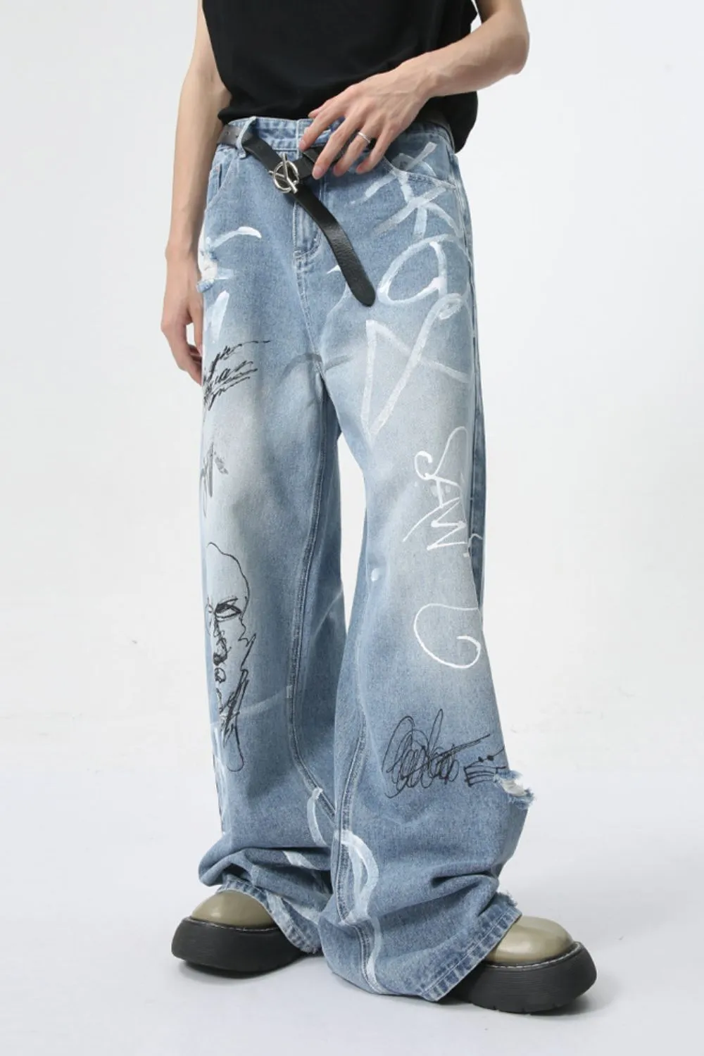 Mid Rise Graffiti Print Distressed Wide Leg Jeans, image 2