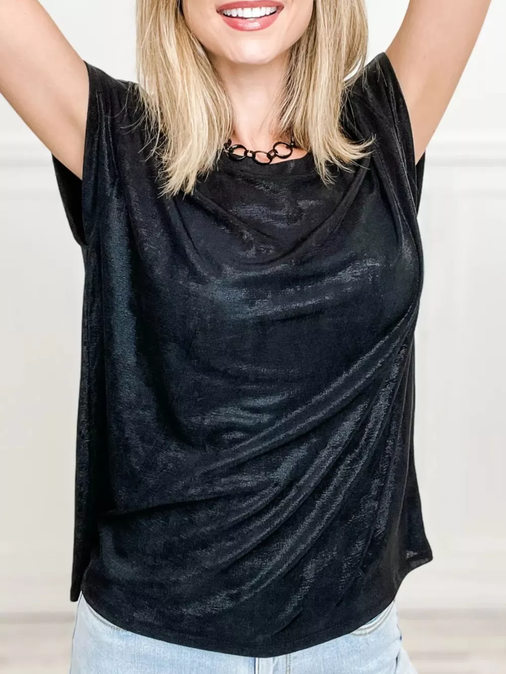 Metallic Round Neck Cap Sleeve Tee