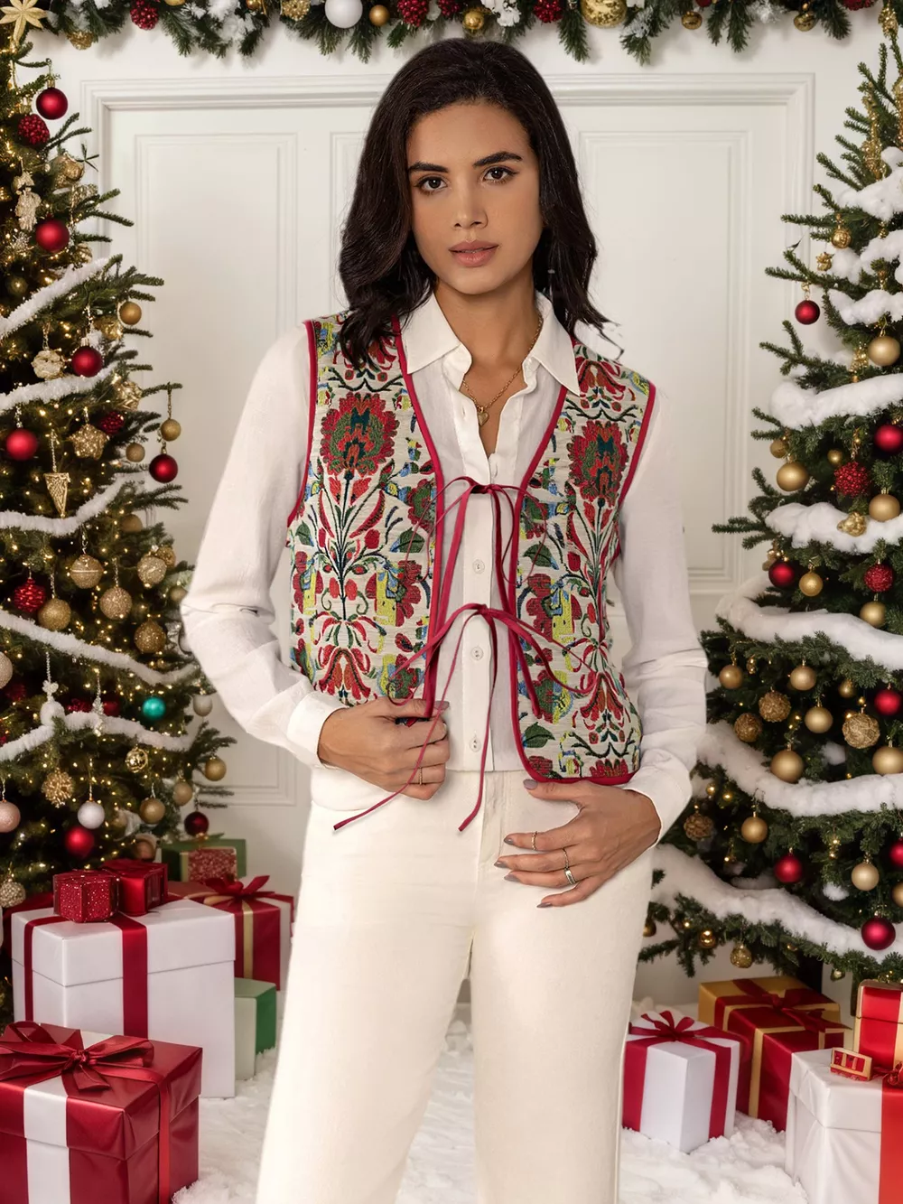 Floral Embroidered Tie-Front Vest Coat, image 5