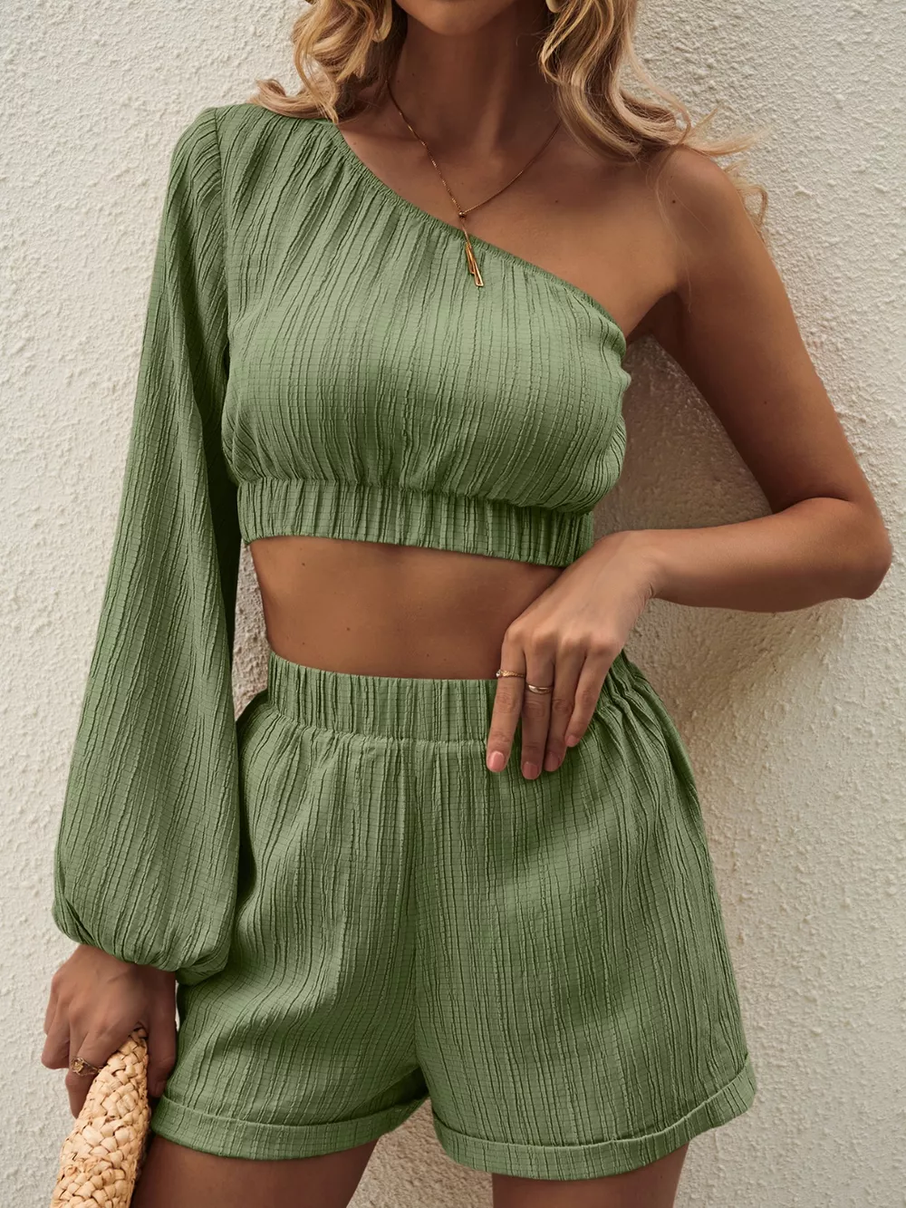 One Shoulder Long Sleeve Top and Shorts Set, image 10