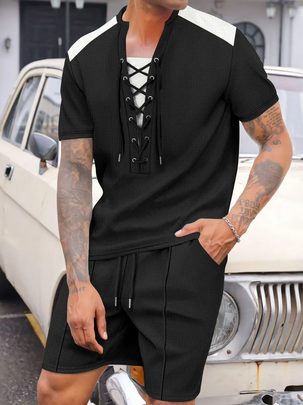 Men's Full Size Lace-Up Waffle Knit Top and Shorts Set Plus Size, image 2