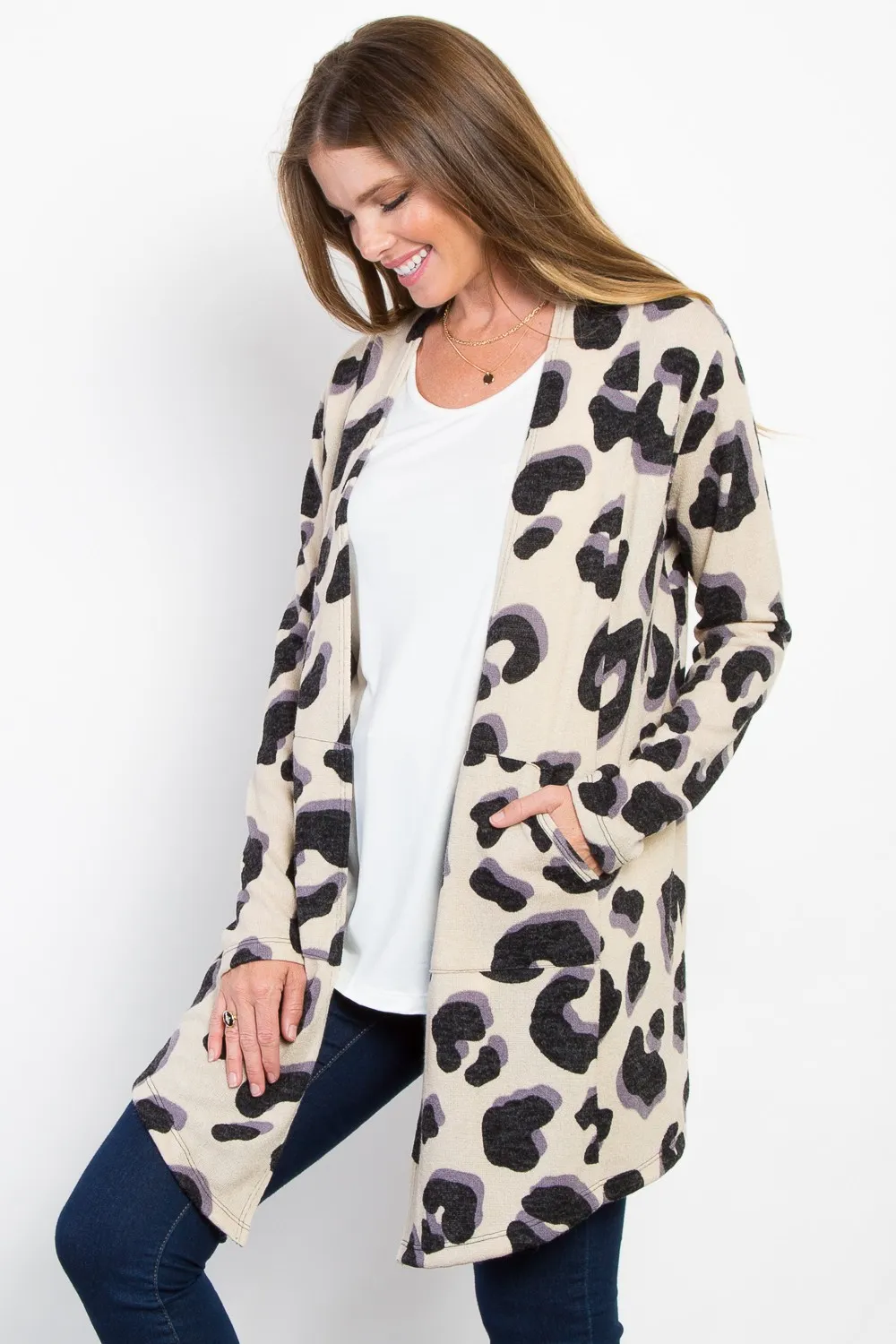 Printed Open Front Knit Cardigan with Pockets, image 3