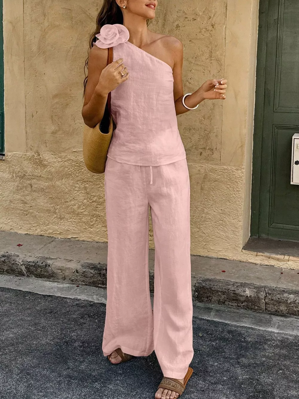 One-Shoulder Floral Embellished Top and Pants Set, image 18