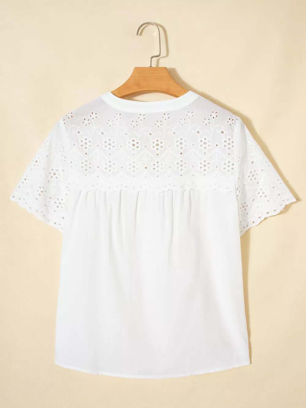 Flower Eyelet Embroidered Patchwork Sheer Short Sleeve Shirt, image 4