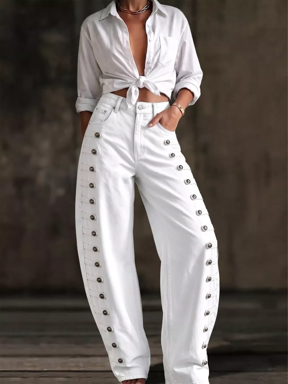 Decorative Button Wide Leg Jeans, image 11