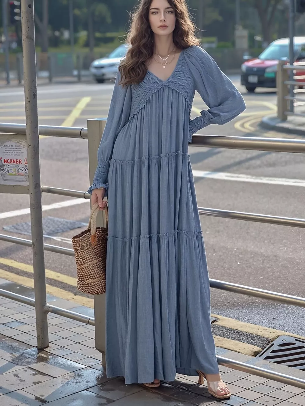 V-Neck Long Sleeve Tiered Maxi Dress, image 15