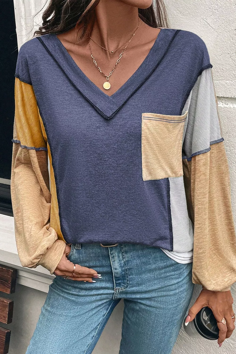 Color Block V-Neck Long Sleeve Blouse, image 3