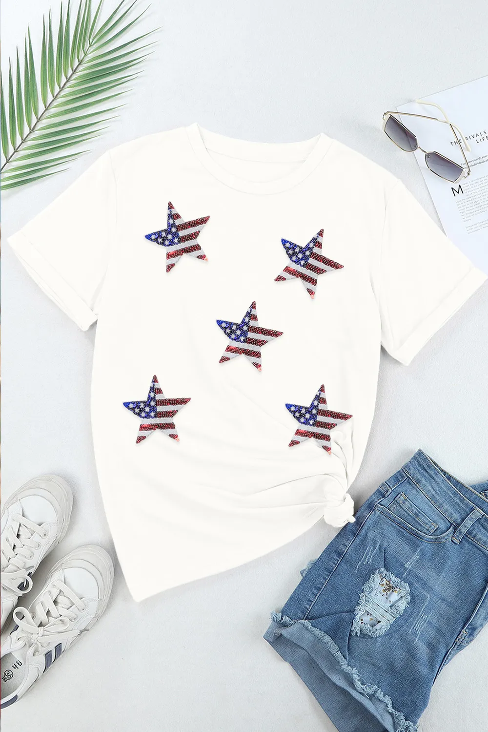 Sequin Star Round Neck Short Sleeve T-Shirt, image 3