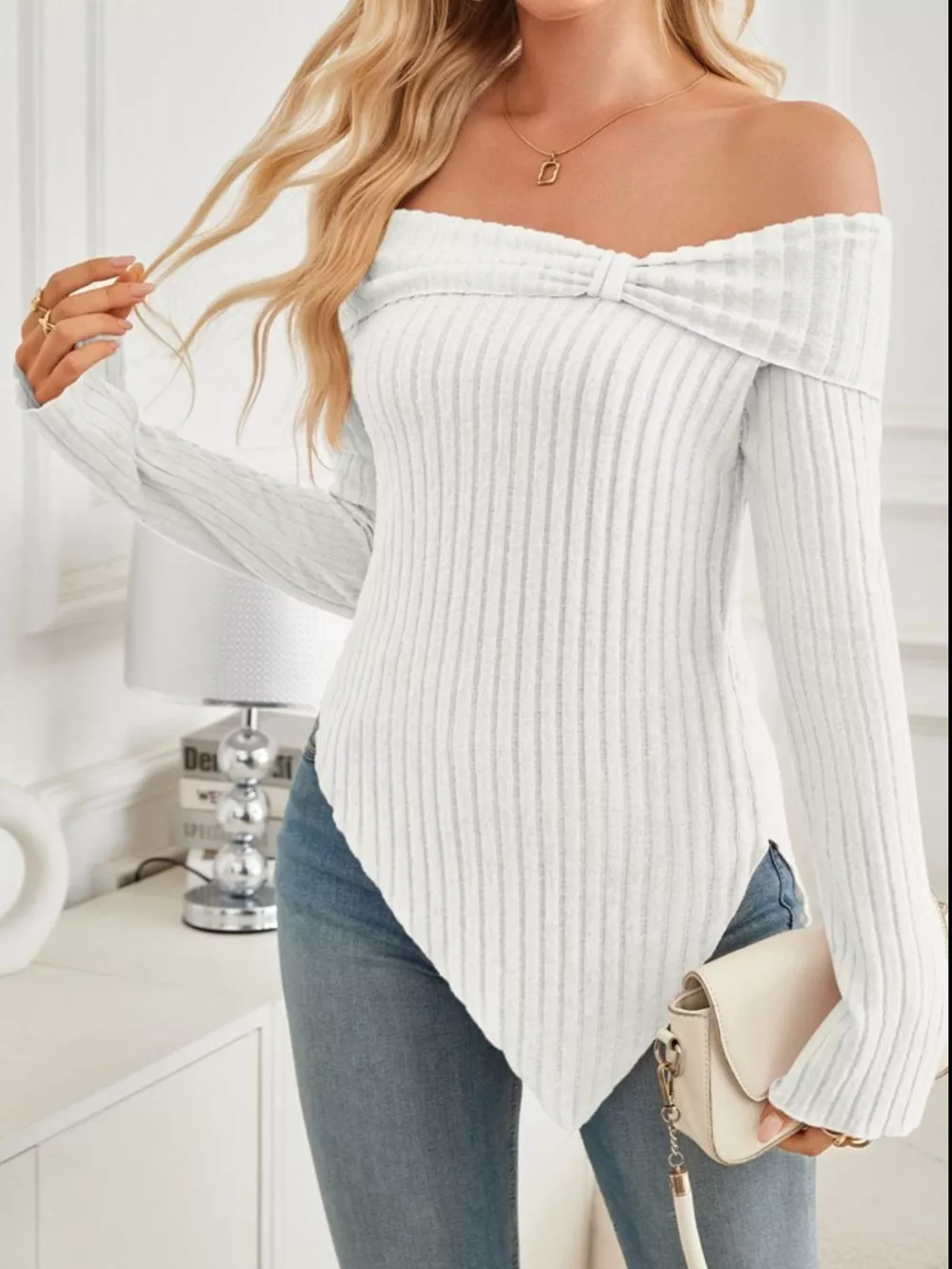 Off-Shoulder Ribbed Knit T-Shirt, image 11