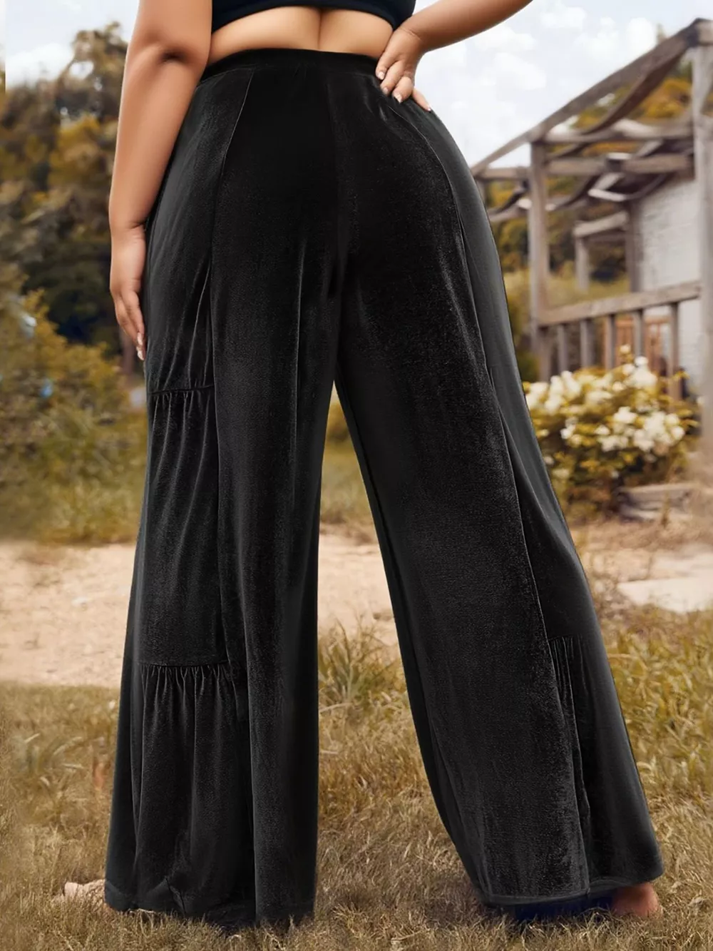 Plus Size Velvet Ruffle Hem Wide Leg Pants, image 2