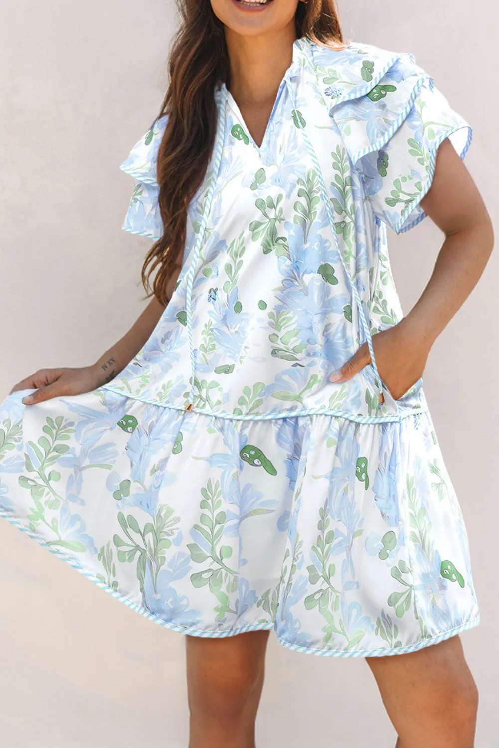 Floral Contrast Edge Layered Short Sleeve Mini Dress, image 8