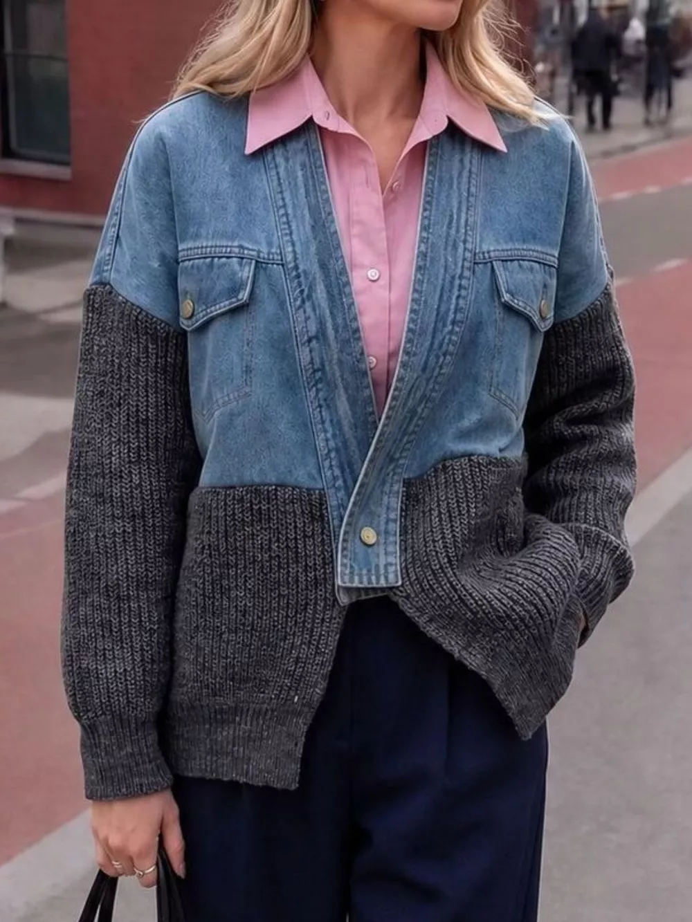 Contrast Denim and Knit Patchwork Cardigan, image 3