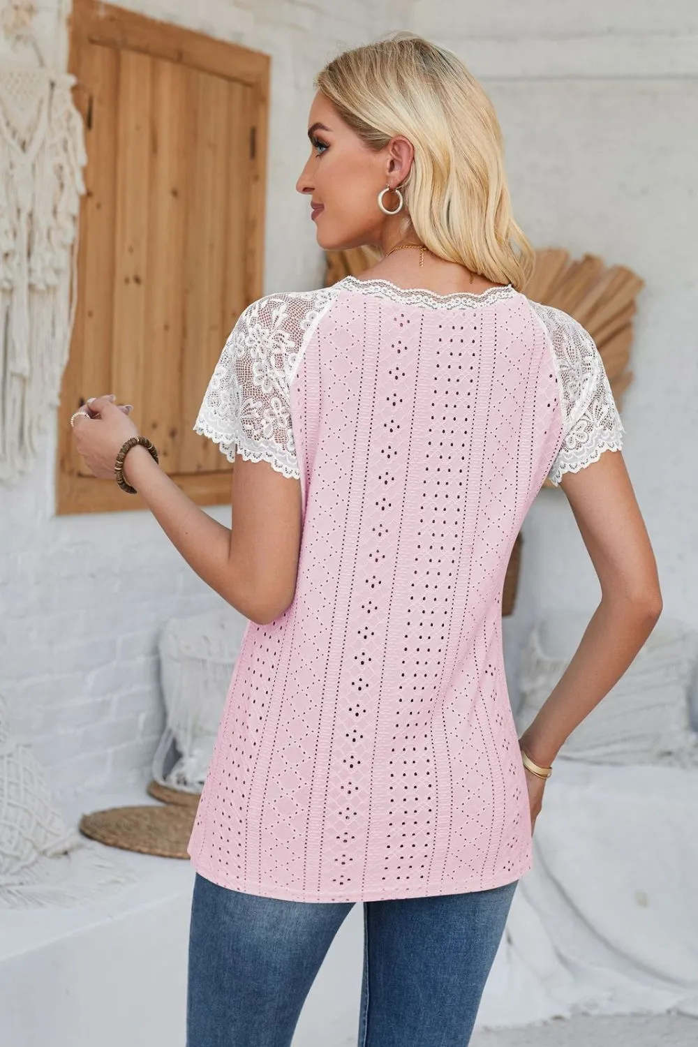 Eyelet V-Neck Lace Short Sleeve T-Shirt, image 7