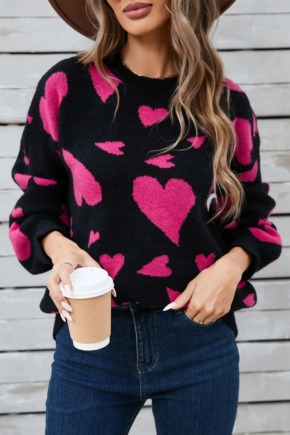 Heart Contrast Round Neck Long Sleeve Sweater, image 2