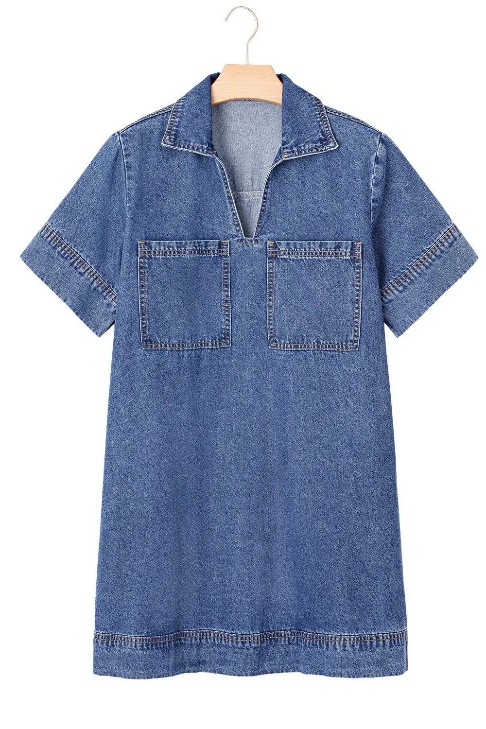 Short Sleeve Collared Patched Pocket Denim Mini Dress, image 5