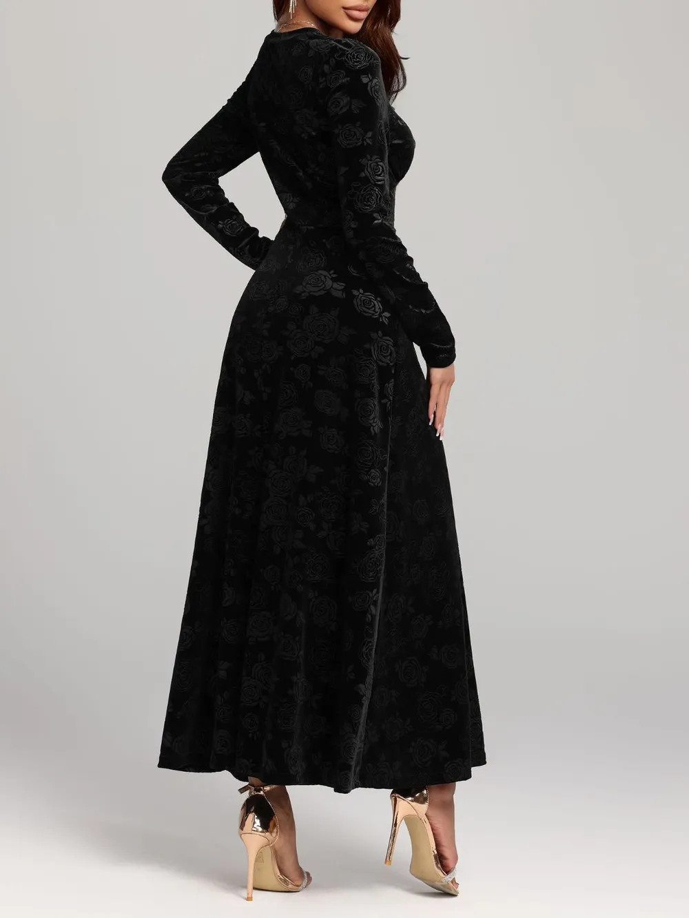 Rose Print V-Neck Long Sleeve Dress, image 2