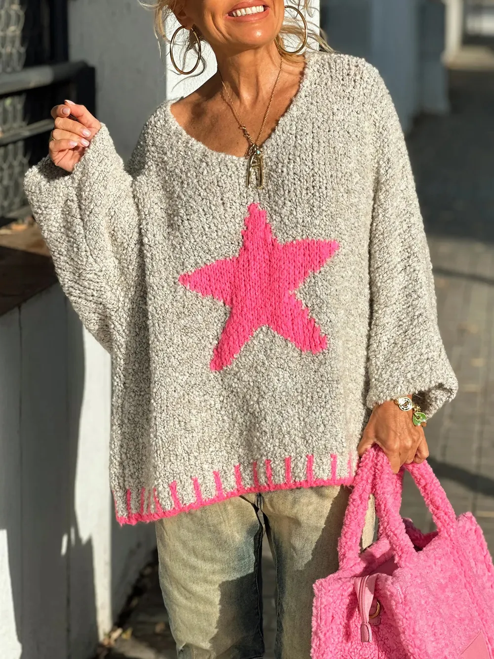 Star V-Neck Long Sleeve Oversize Sweater, image 9