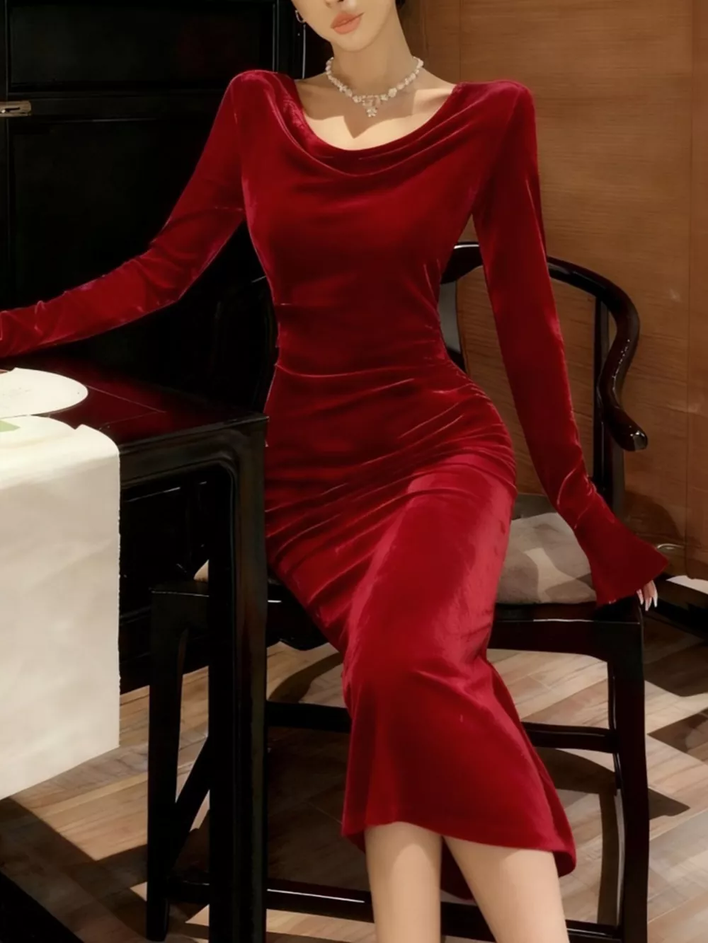 Velvet Cowl Neck Long Sleeve Midi Dress, image 3
