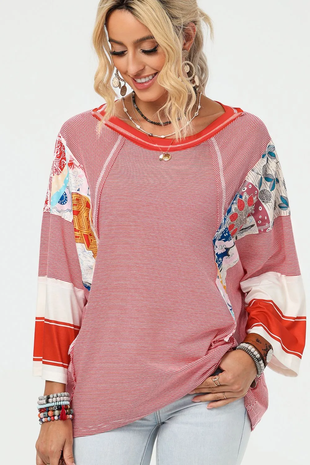 Striped Floral Patchwork Round Neck Top, image 7