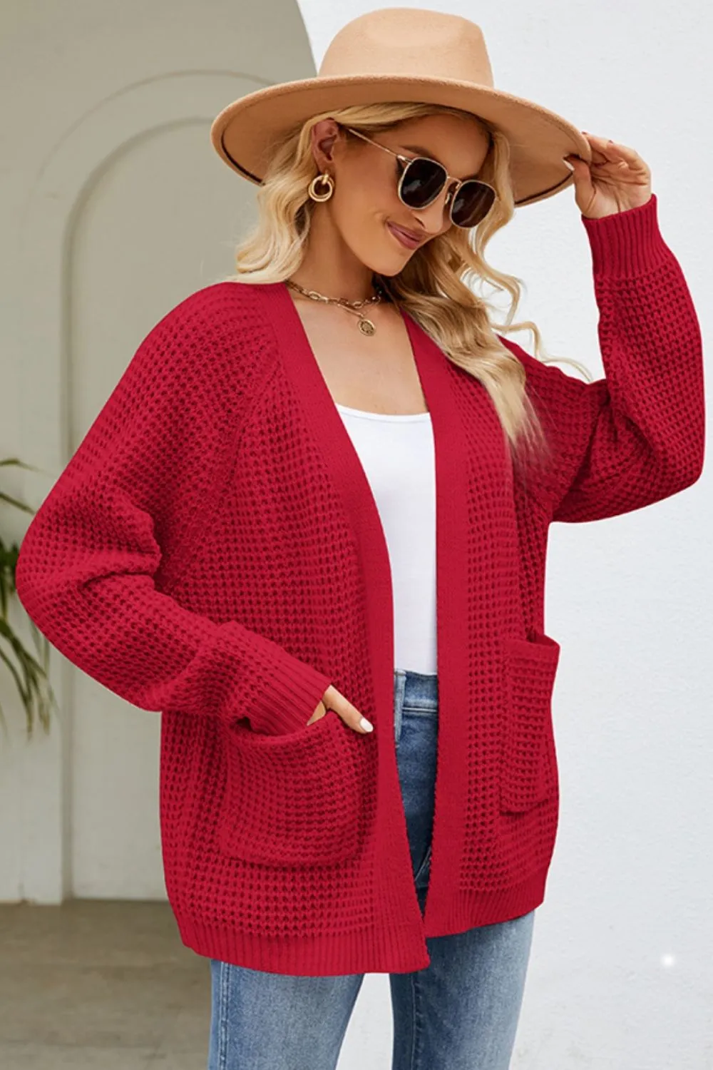 Open Front Raglan Sleeve Pocketed Cardigan, image 2