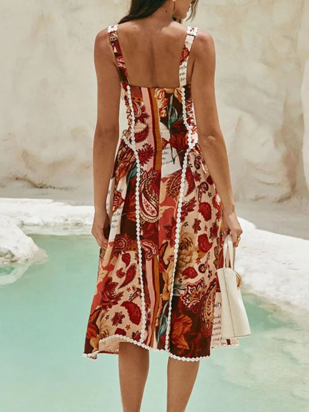 Vintage Paisley Print Lace Trim Midi Dress, image 6