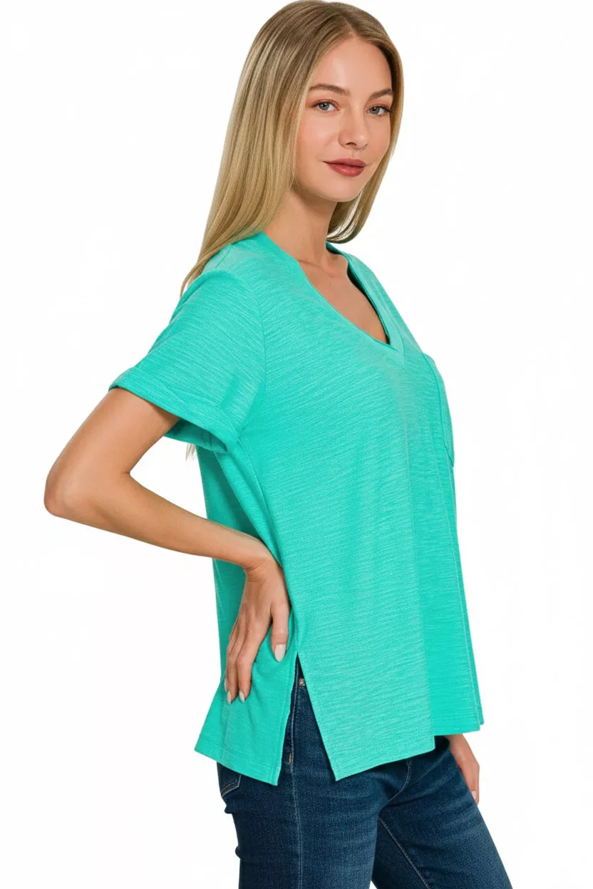 Slub Rolled Short Sleeve V-Neck Tee, image 3