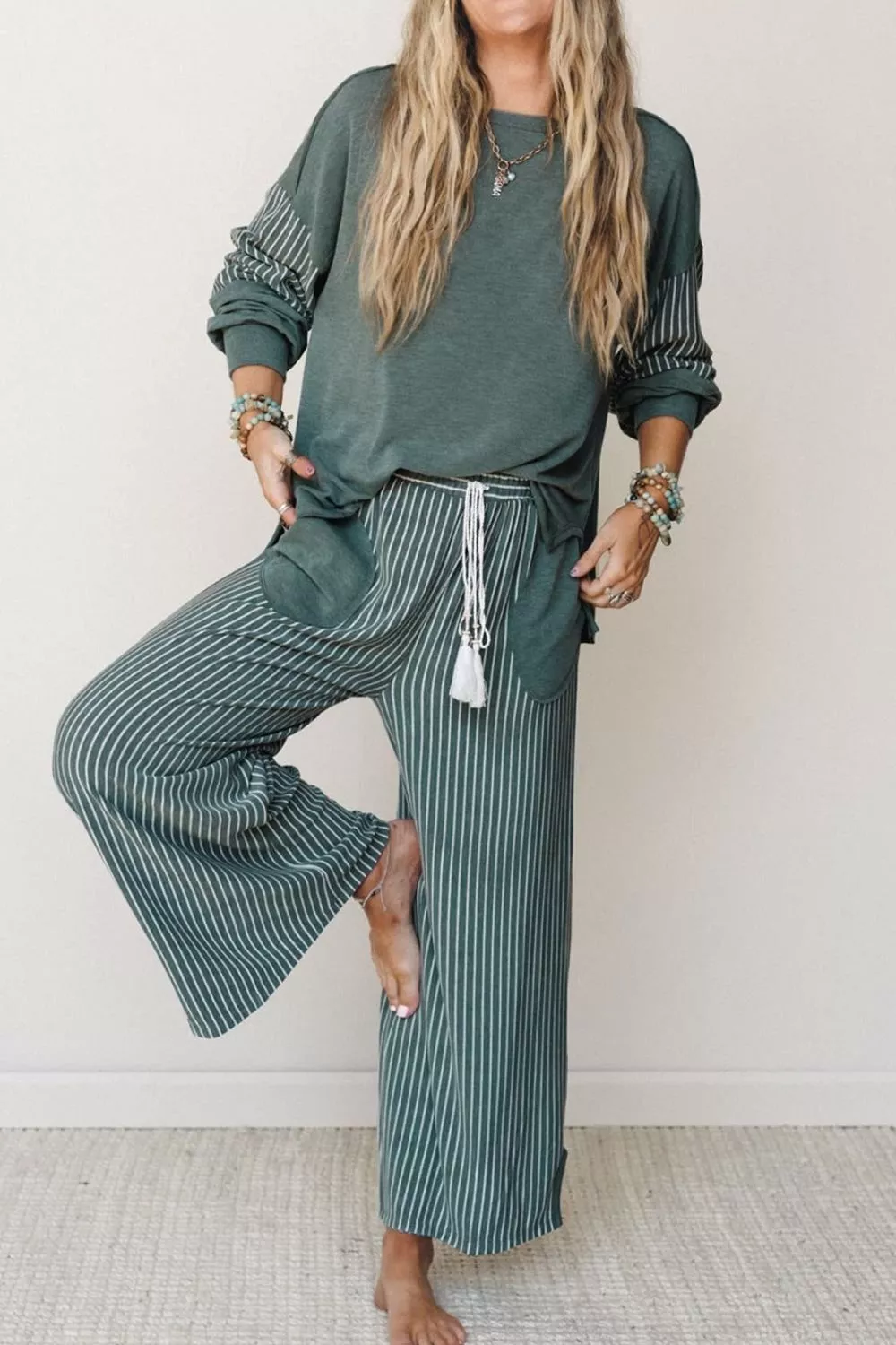 Raw Seam Patchwork Long Sleeve Top Pocket Casual Pants 2pcs Set
