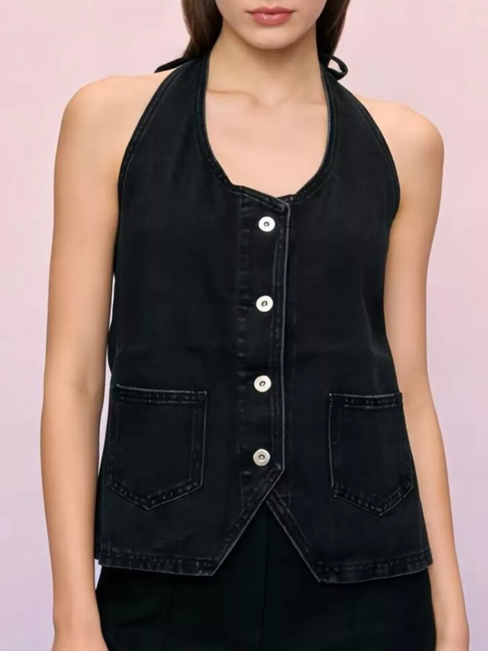 Halter Neck Button-Down Denim Vest, image 15