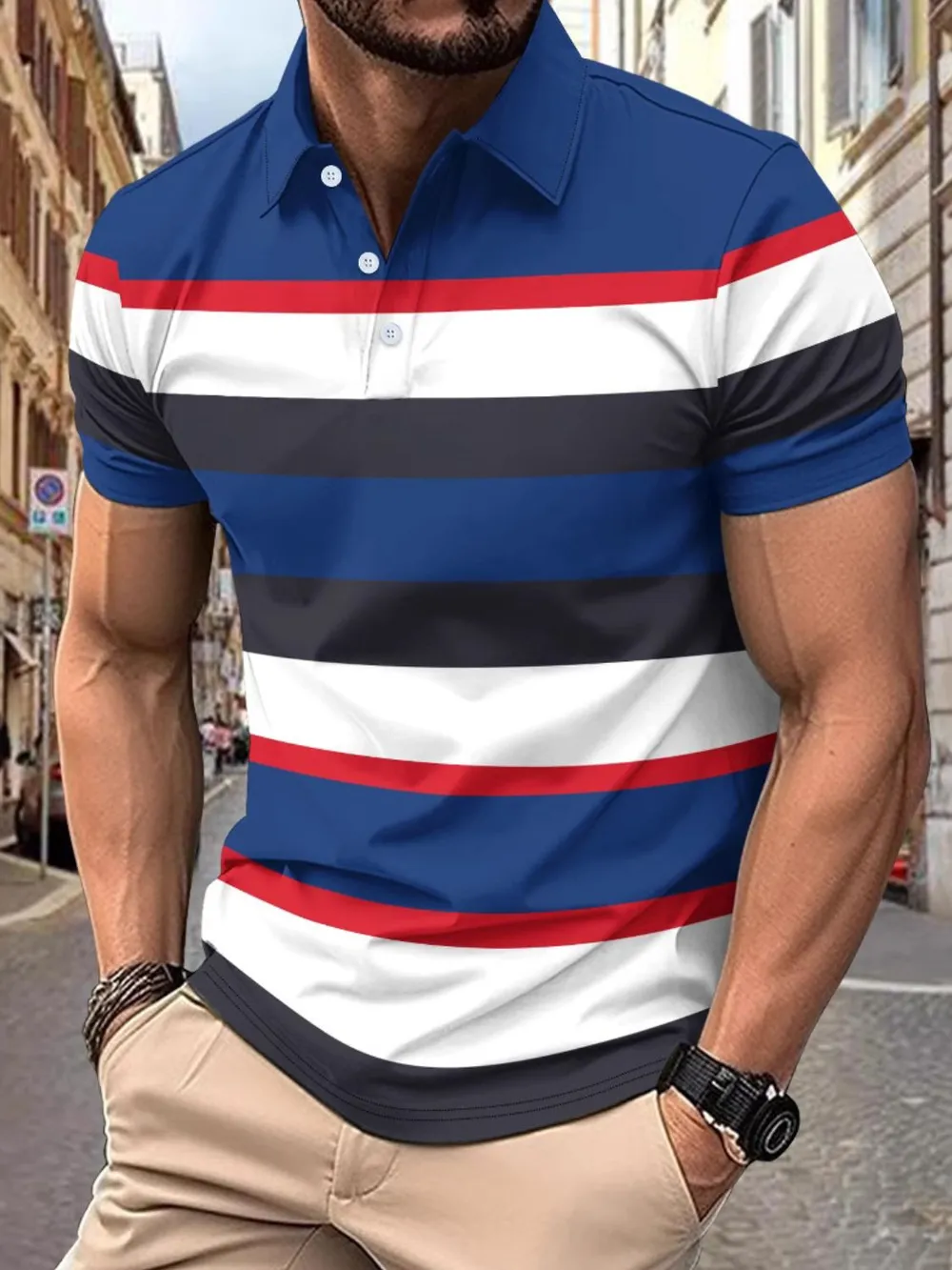 Men's Full Size Collared Short Sleeve Striped Polo Plus Size, image 2