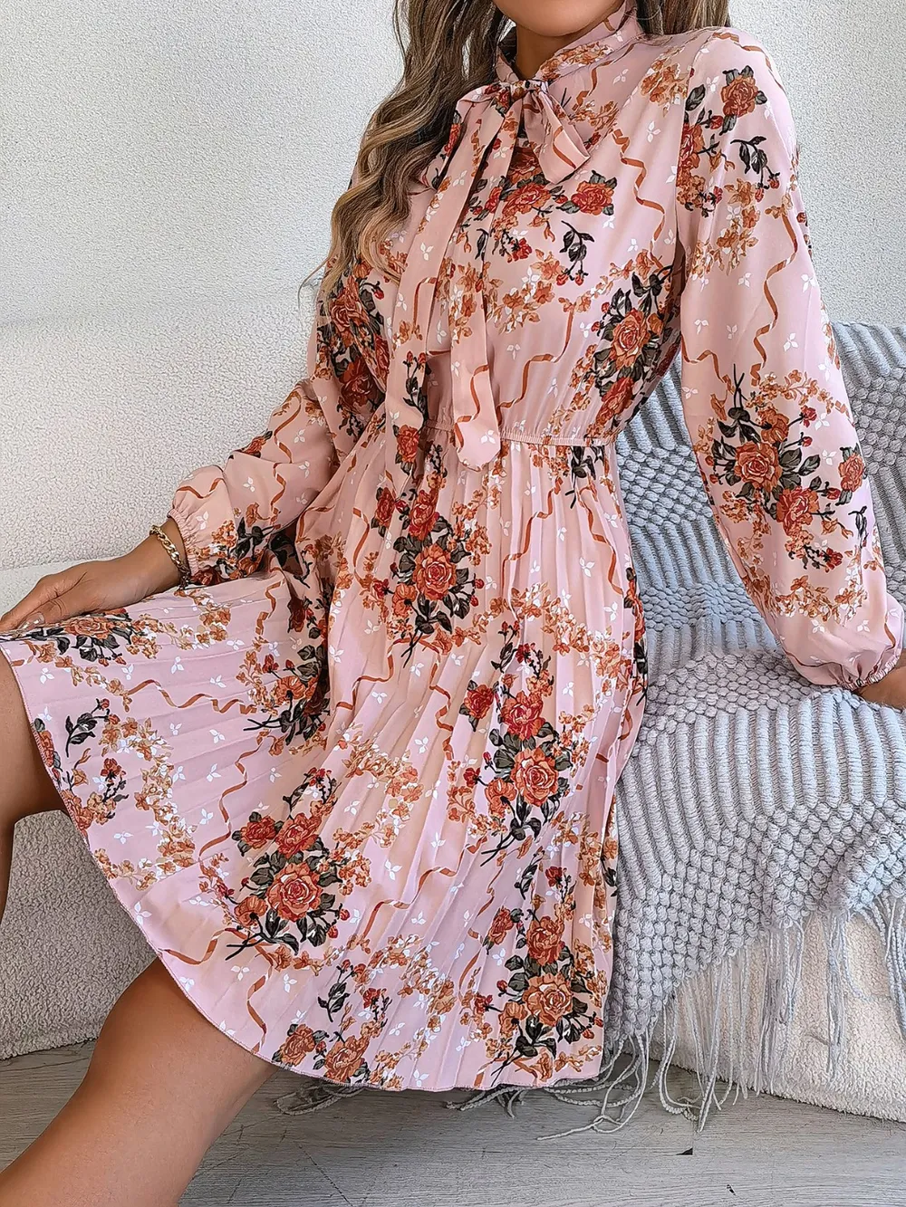 Pleated Printed Tie Neck Long Sleeve Dress, image 5
