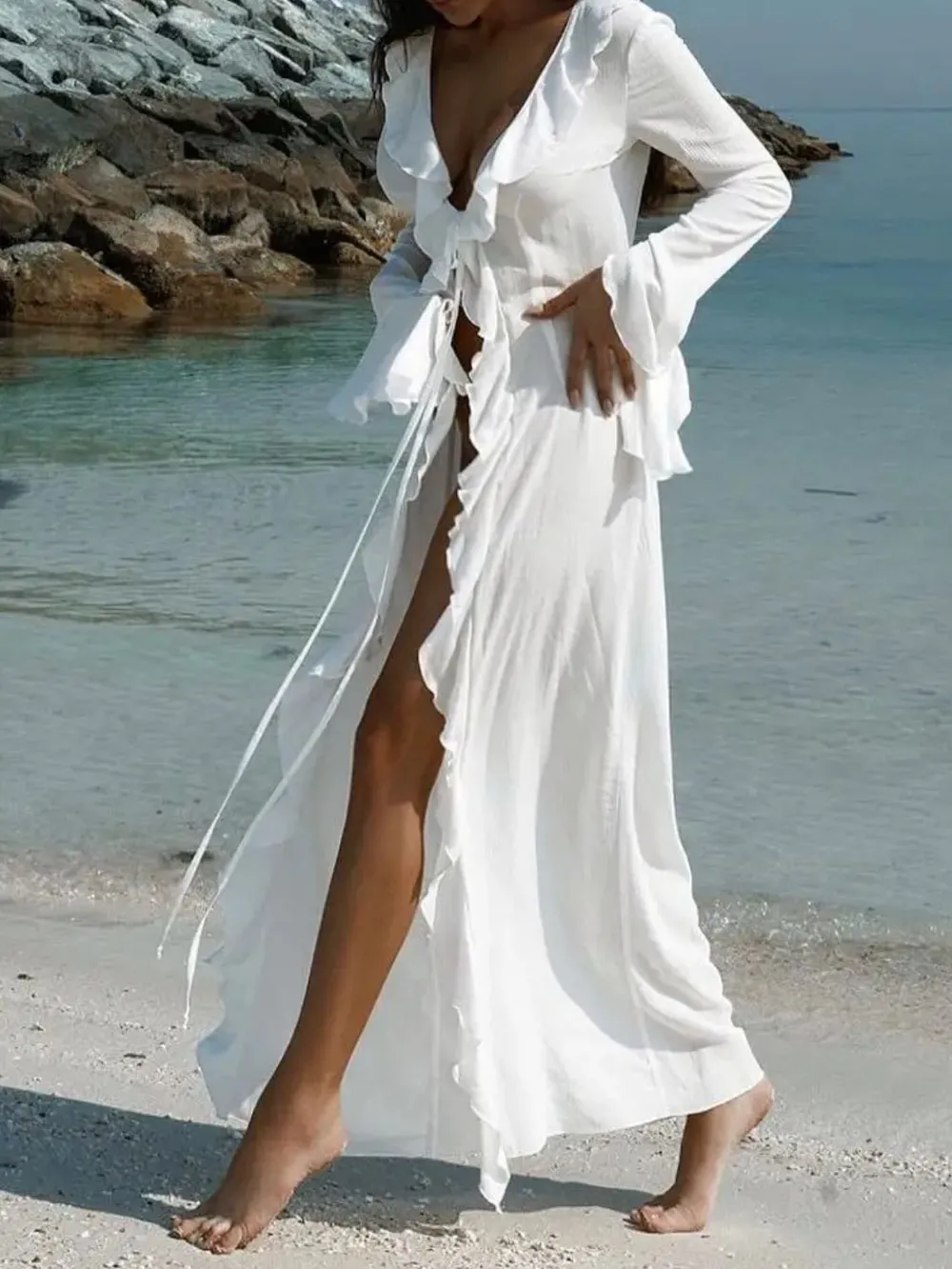 Ruffled Long Sleeve Cover-Up Dress, image 4