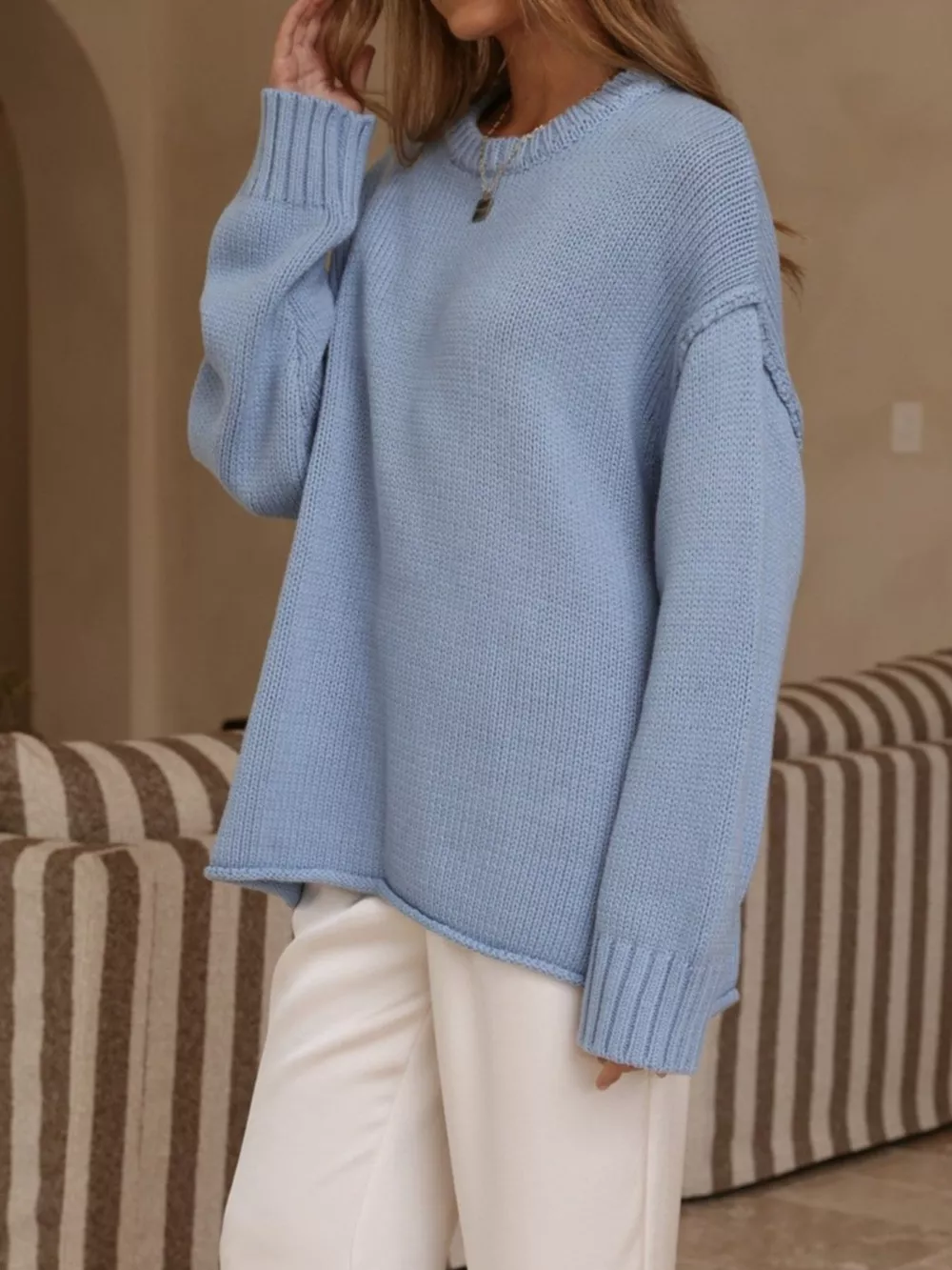 Crew Neck Dropped Shoulder Sweater, image 7