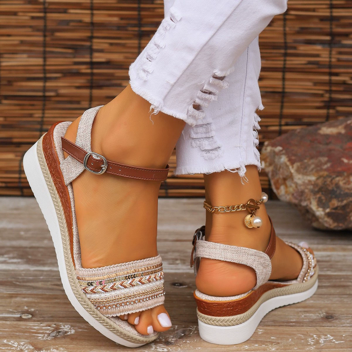 Rhinestone Open Toe Wedge Sandals, image 2
